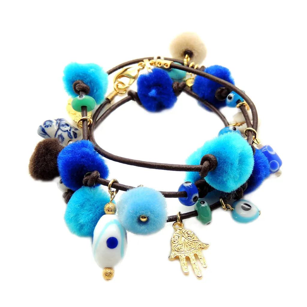 Azure Pompom Lucky Charms Leather Cord Bracelet
