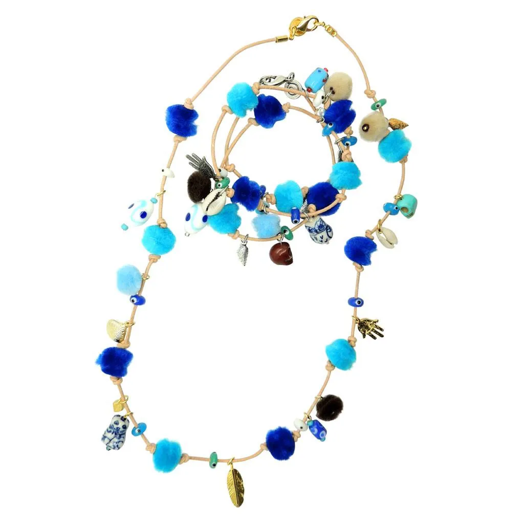 Azure Pompom Lucky Charms Leather Cord Bracelet