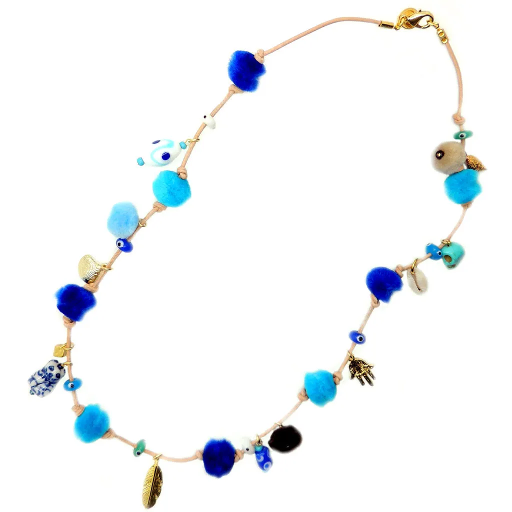Azure Pompom Lucky Charms Leather Cord Bracelet
