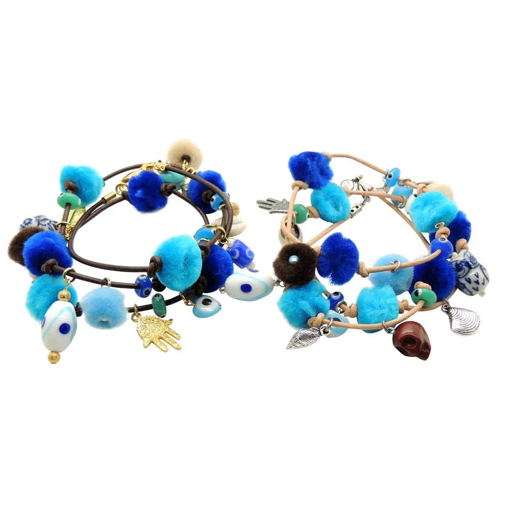 Azure Pompom Lucky Charms Leather Cord Bracelet