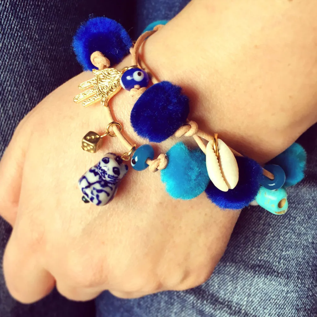 Azure Pompom Lucky Charms Leather Cord Bracelet