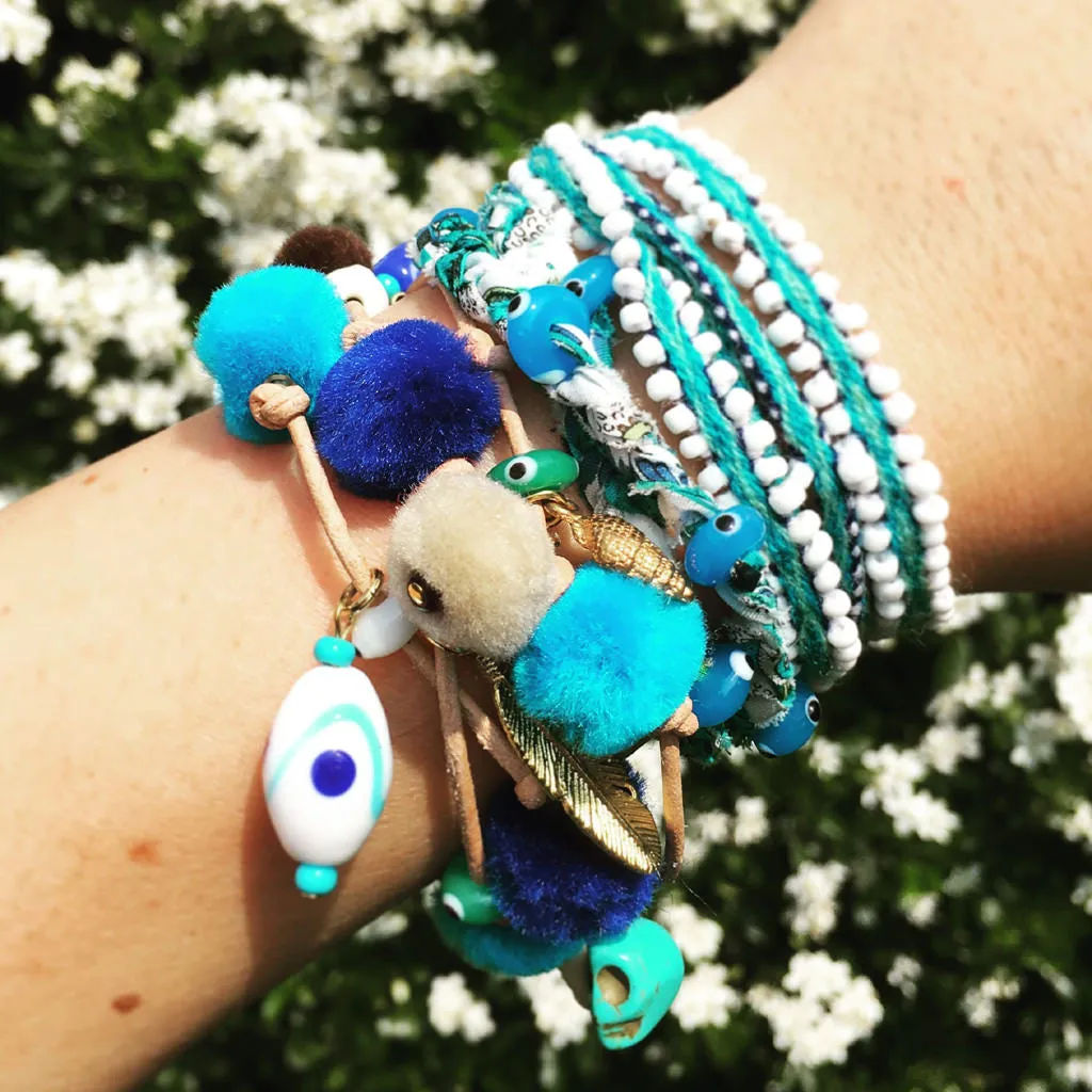 Azure Pompom Lucky Charms Leather Cord Bracelet