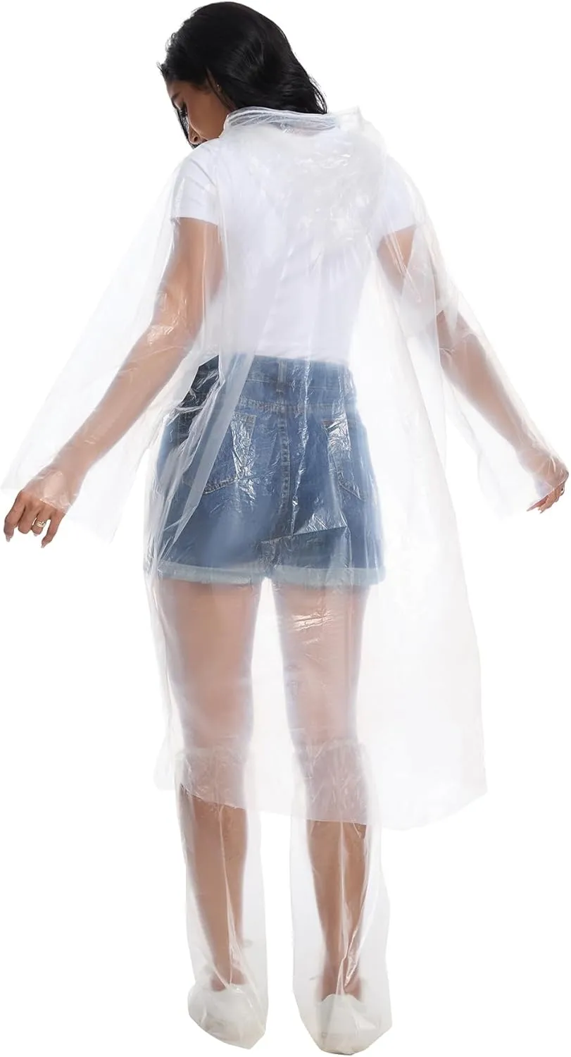 BATHRINS Disposable Rain Ponchos For Adults - 3 Emergency Clear Ponchos With Hoods And 3 Pairs Of Waterproof Boot Covers