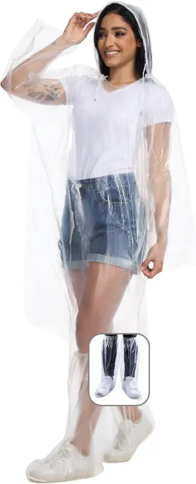 BATHRINS Disposable Rain Ponchos For Adults - 3 Emergency Clear Ponchos With Hoods And 3 Pairs Of Waterproof Boot Covers