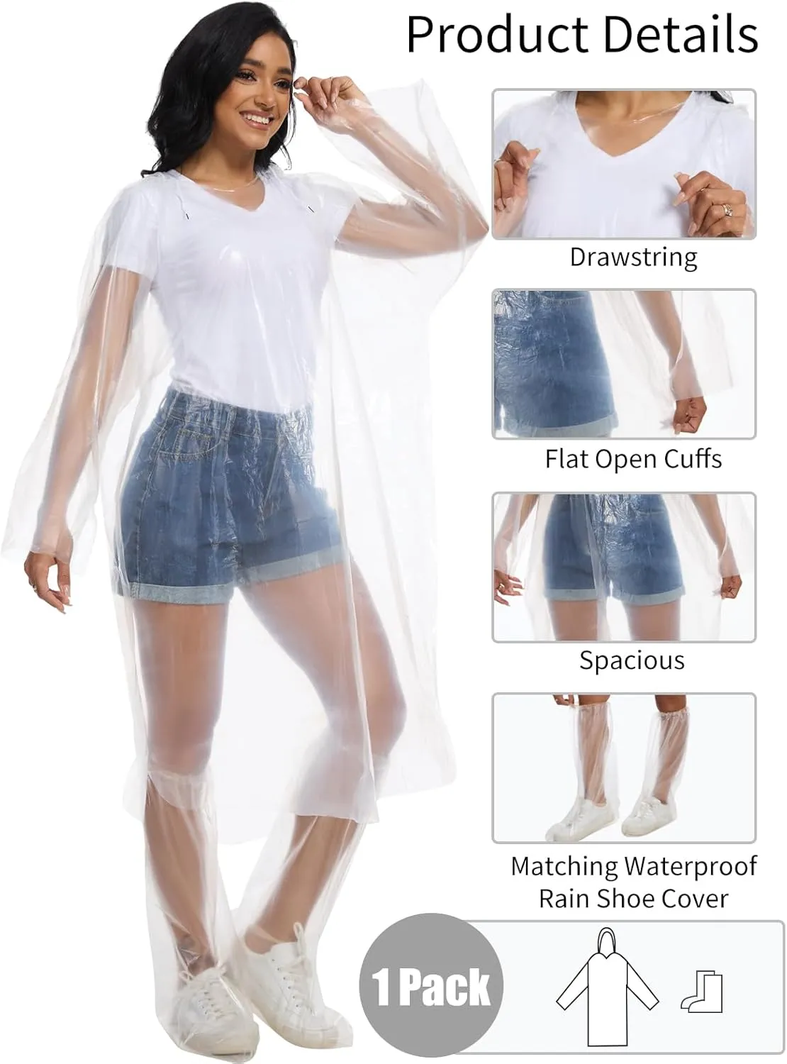 BATHRINS Disposable Rain Ponchos For Adults - 3 Emergency Clear Ponchos With Hoods And 3 Pairs Of Waterproof Boot Covers