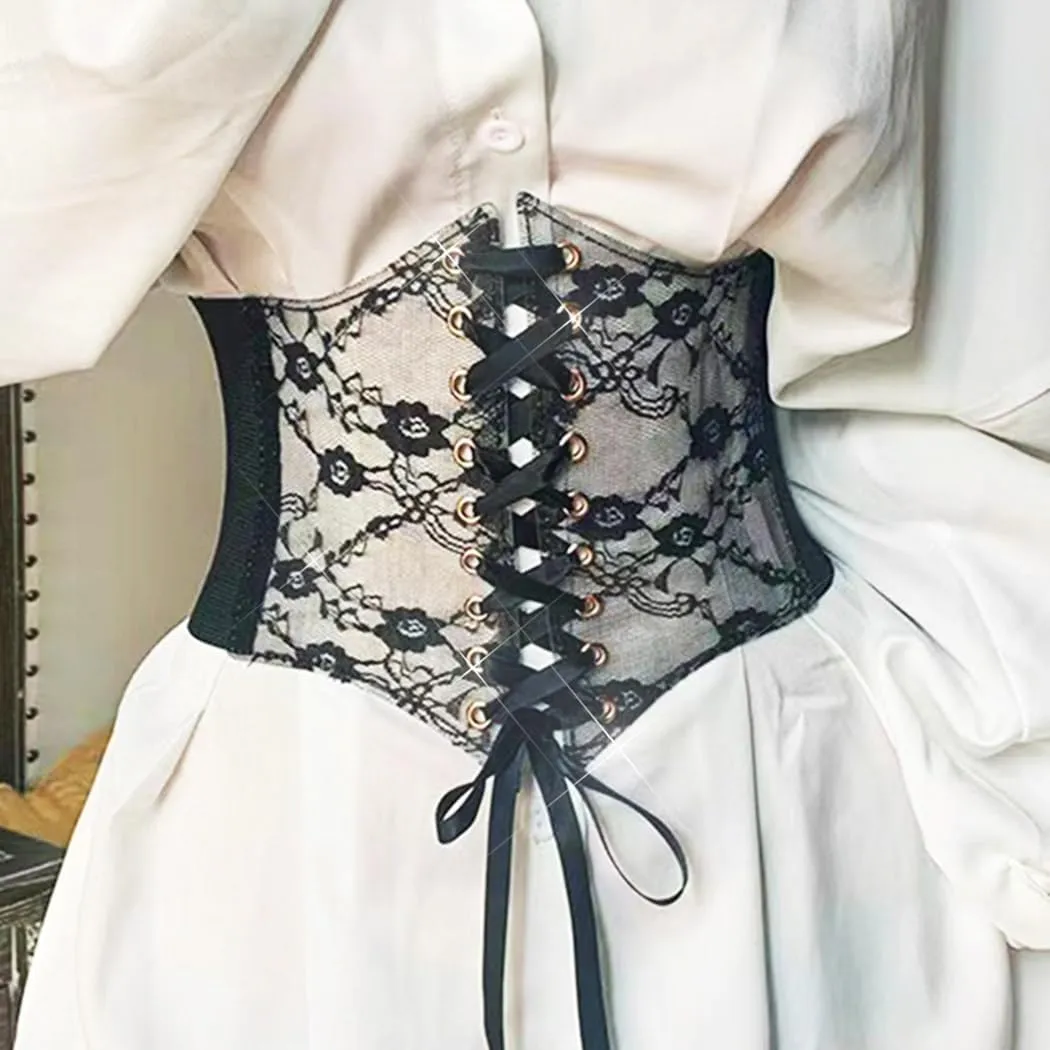 BODIY Women Lace Corset Belts Elastic Cinch Belt Tied Waspie Wide Waist Bustiers for Dress