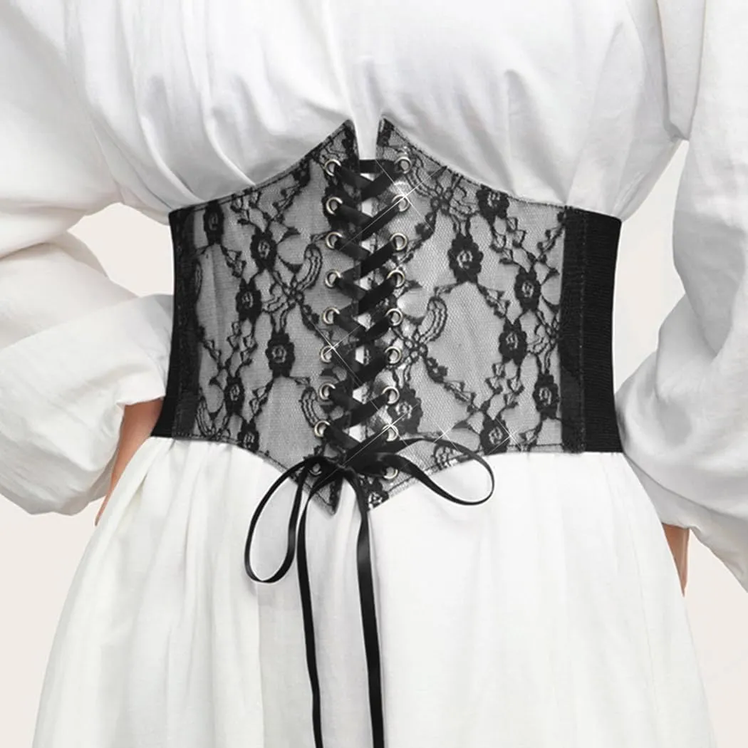 BODIY Women Lace Corset Belts Elastic Cinch Belt Tied Waspie Wide Waist Bustiers for Dress