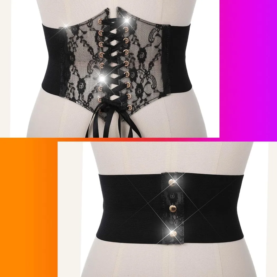 BODIY Women Lace Corset Belts Elastic Cinch Belt Tied Waspie Wide Waist Bustiers for Dress