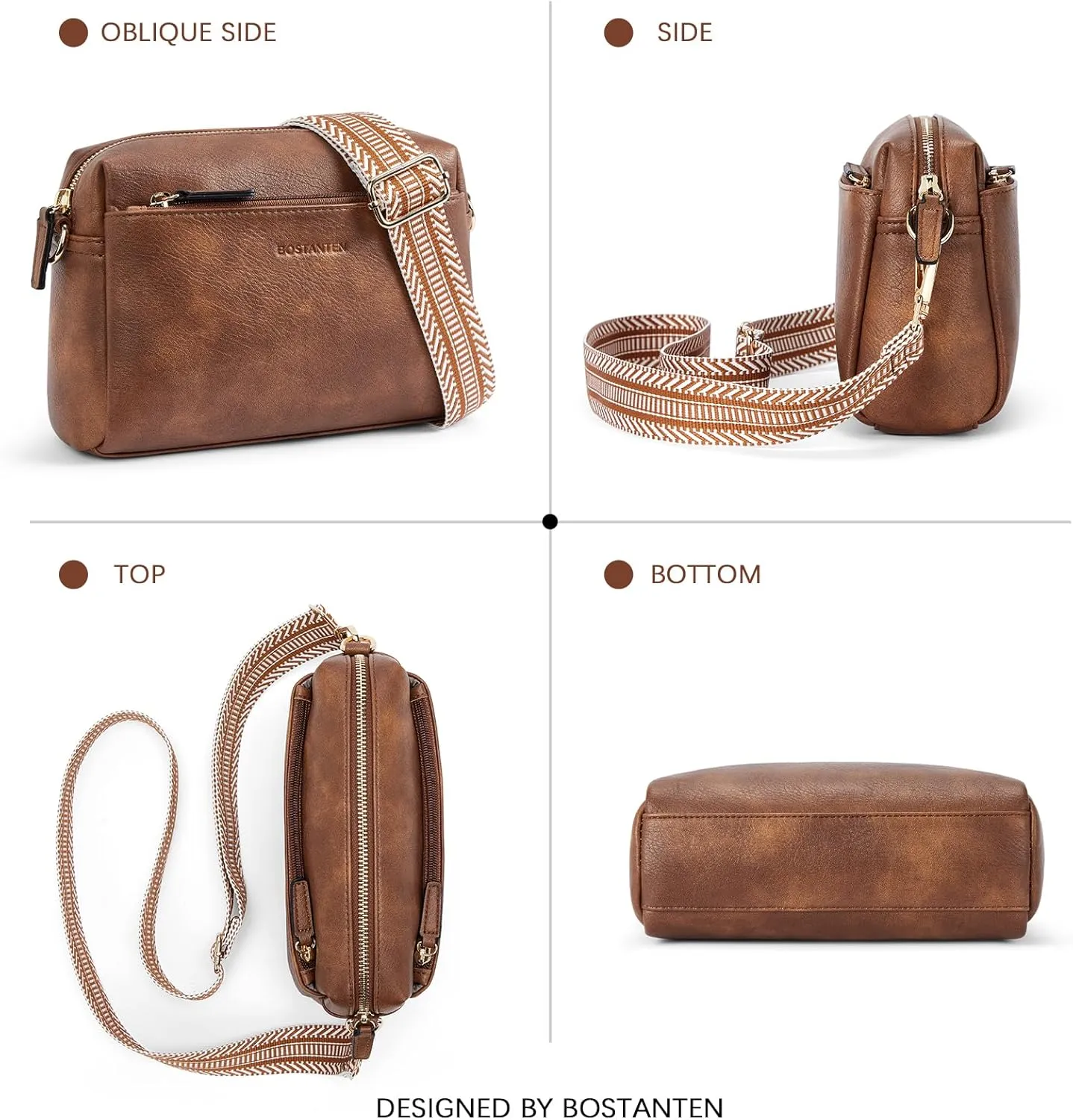 BOSTANTEN Small Crossbody Purse for Women Triple Zip Cell Phone Leather Handbag with Colored Shoulder Strap