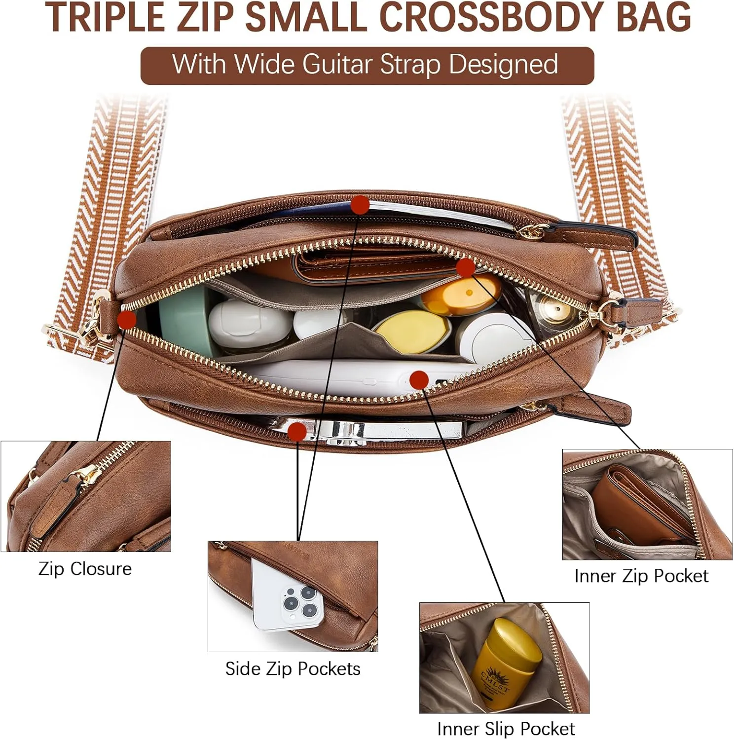 BOSTANTEN Small Crossbody Purse for Women Triple Zip Cell Phone Leather Handbag with Colored Shoulder Strap