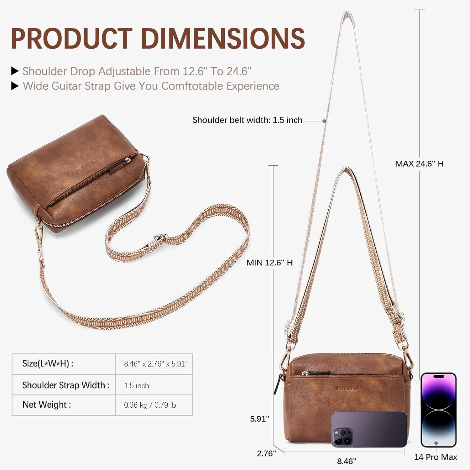 BOSTANTEN Small Crossbody Purse for Women Triple Zip Cell Phone Leather Handbag with Colored Shoulder Strap