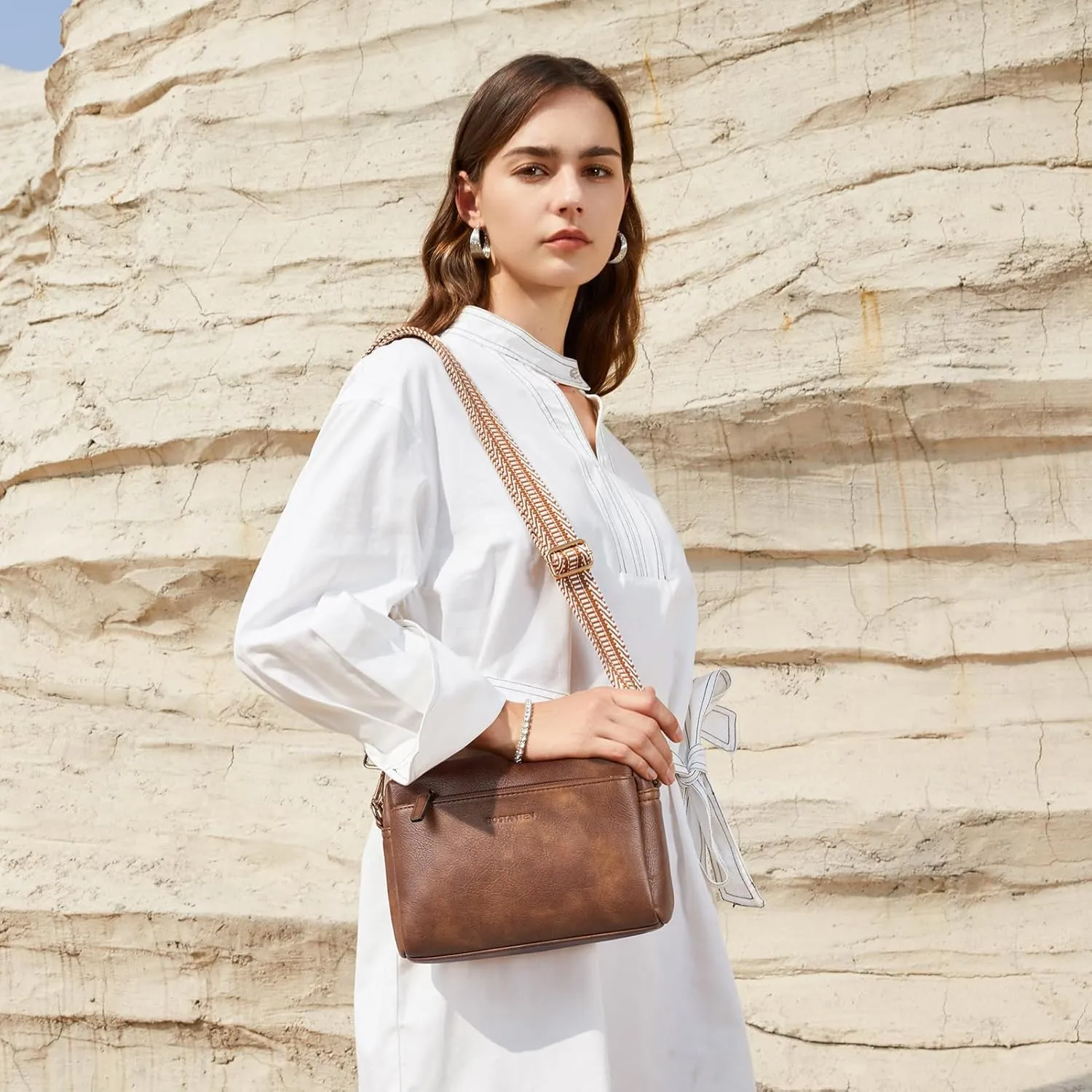 BOSTANTEN Small Crossbody Purse for Women Triple Zip Cell Phone Leather Handbag with Colored Shoulder Strap