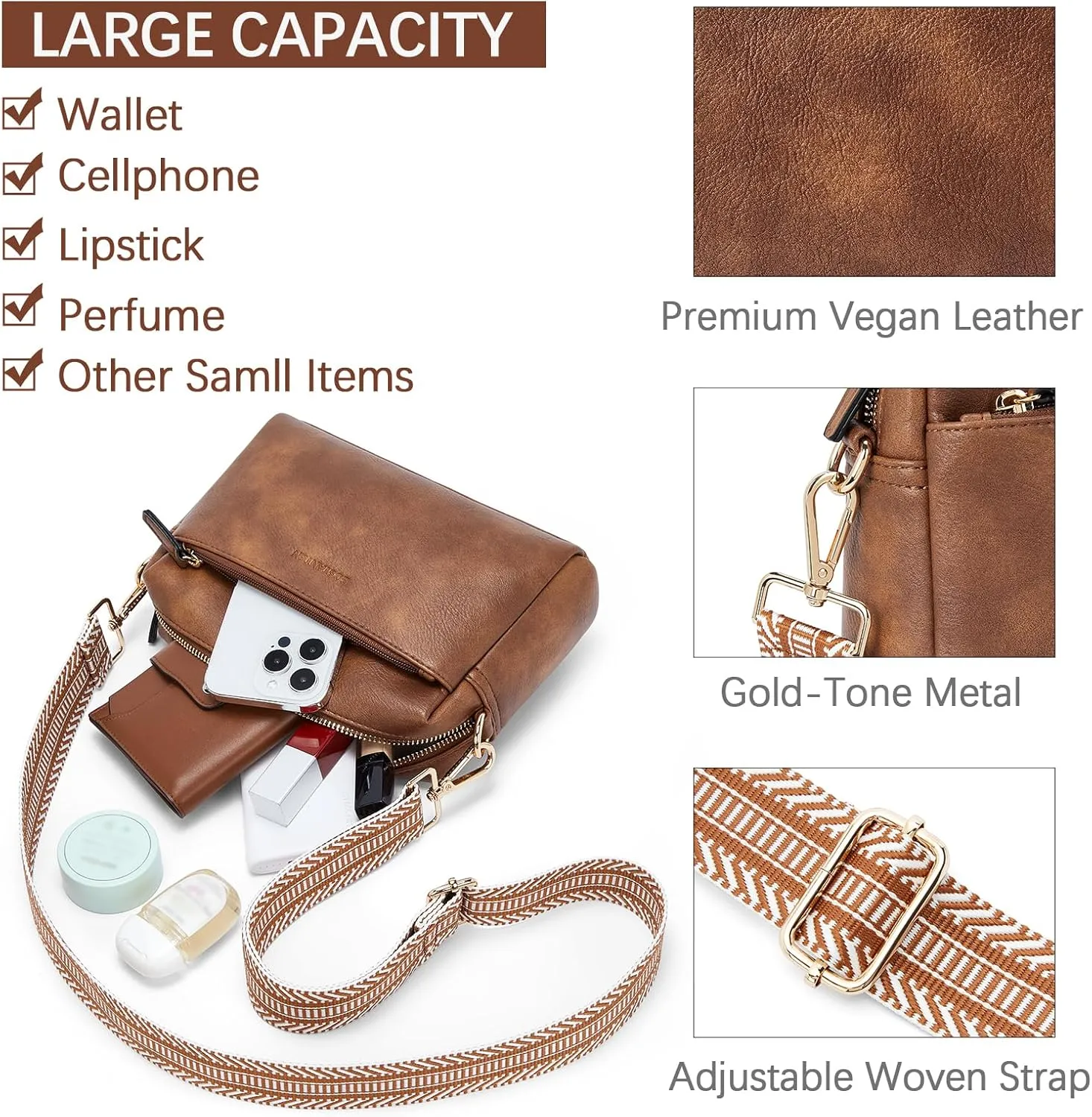 BOSTANTEN Small Crossbody Purse for Women Triple Zip Cell Phone Leather Handbag with Colored Shoulder Strap