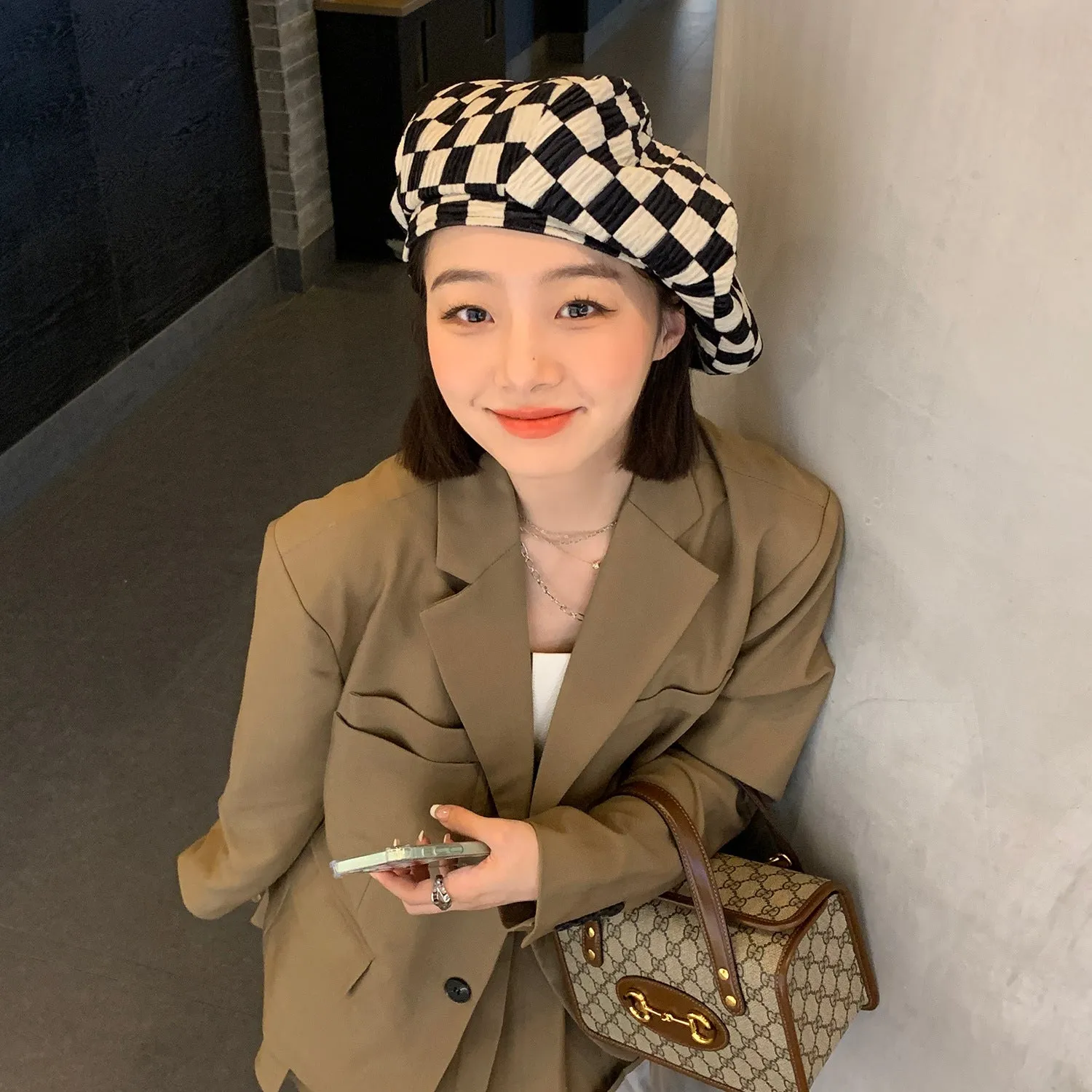 Check Beret Hat Summer Casual Fashionable Spring and Autumn