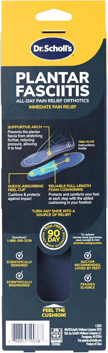Dr. Scholls Plantar Fasciitis Pain Relief Orthotic Insoles, Immediately Relieves Pain: Heel, Spurs, Arch Support, Distributes Foot Pressure, Trim to Fit Shoe Inserts: Women's Size 6-10, 1 Pair