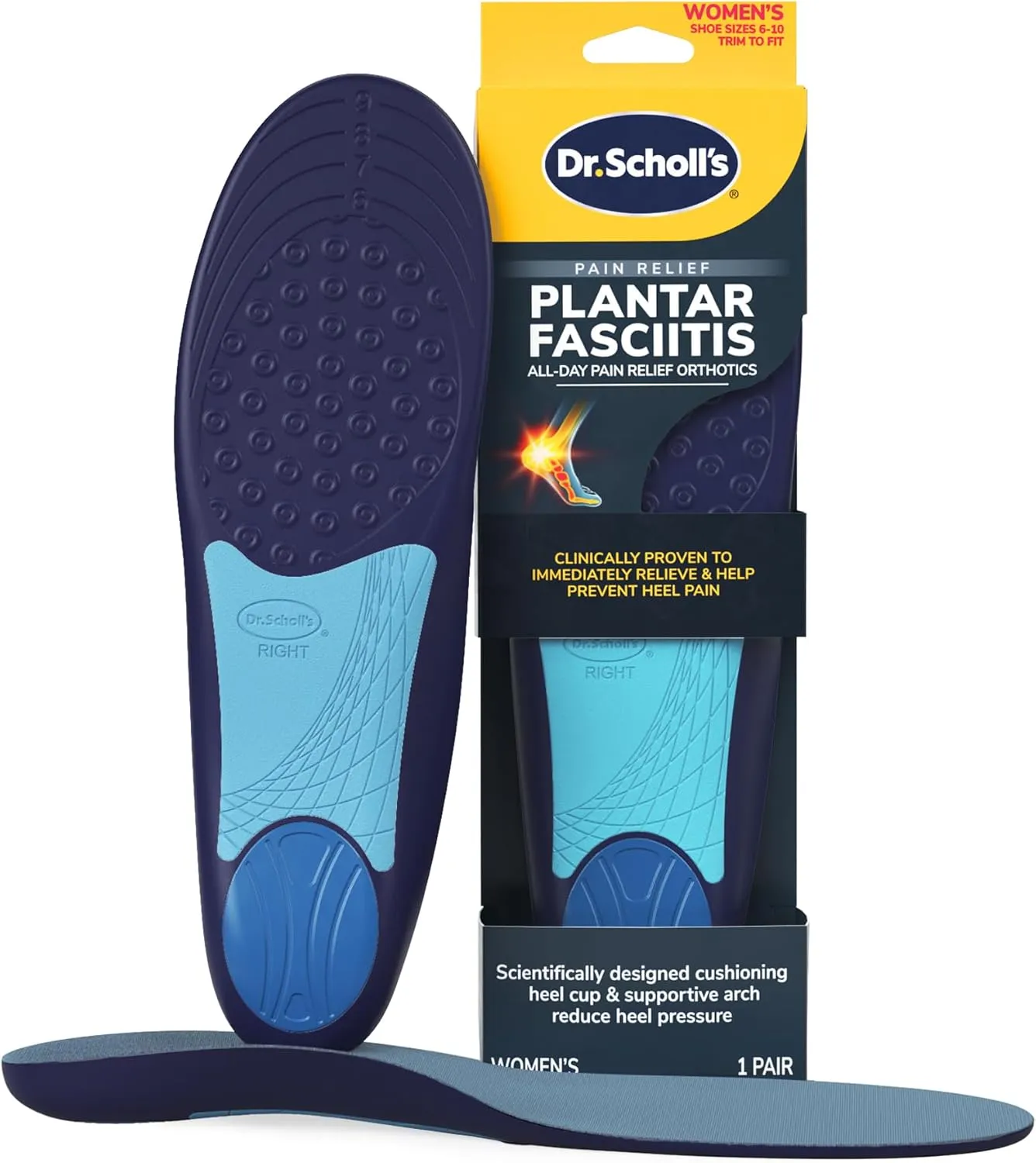 Dr. Scholls Plantar Fasciitis Pain Relief Orthotic Insoles, Immediately Relieves Pain: Heel, Spurs, Arch Support, Distributes Foot Pressure, Trim to Fit Shoe Inserts: Women's Size 6-10, 1 Pair