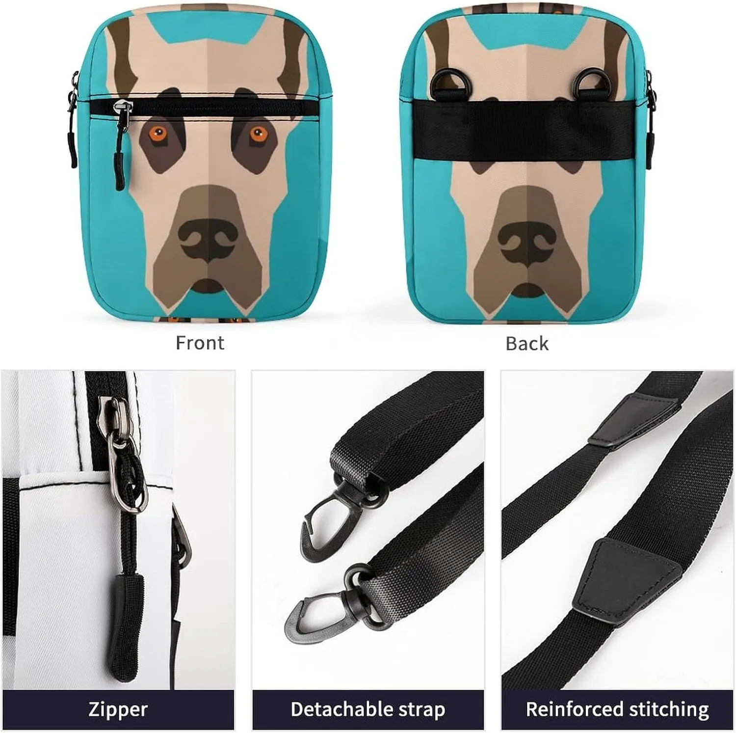 Great Dane Dog On Turquoise Adjustable Fanny Waist Pack Pouch, Waterproof Crossbody Runners Bag Wallet for Gym Hiking Fitness Women Men 6.1 x 2.2 x 7.9 inch