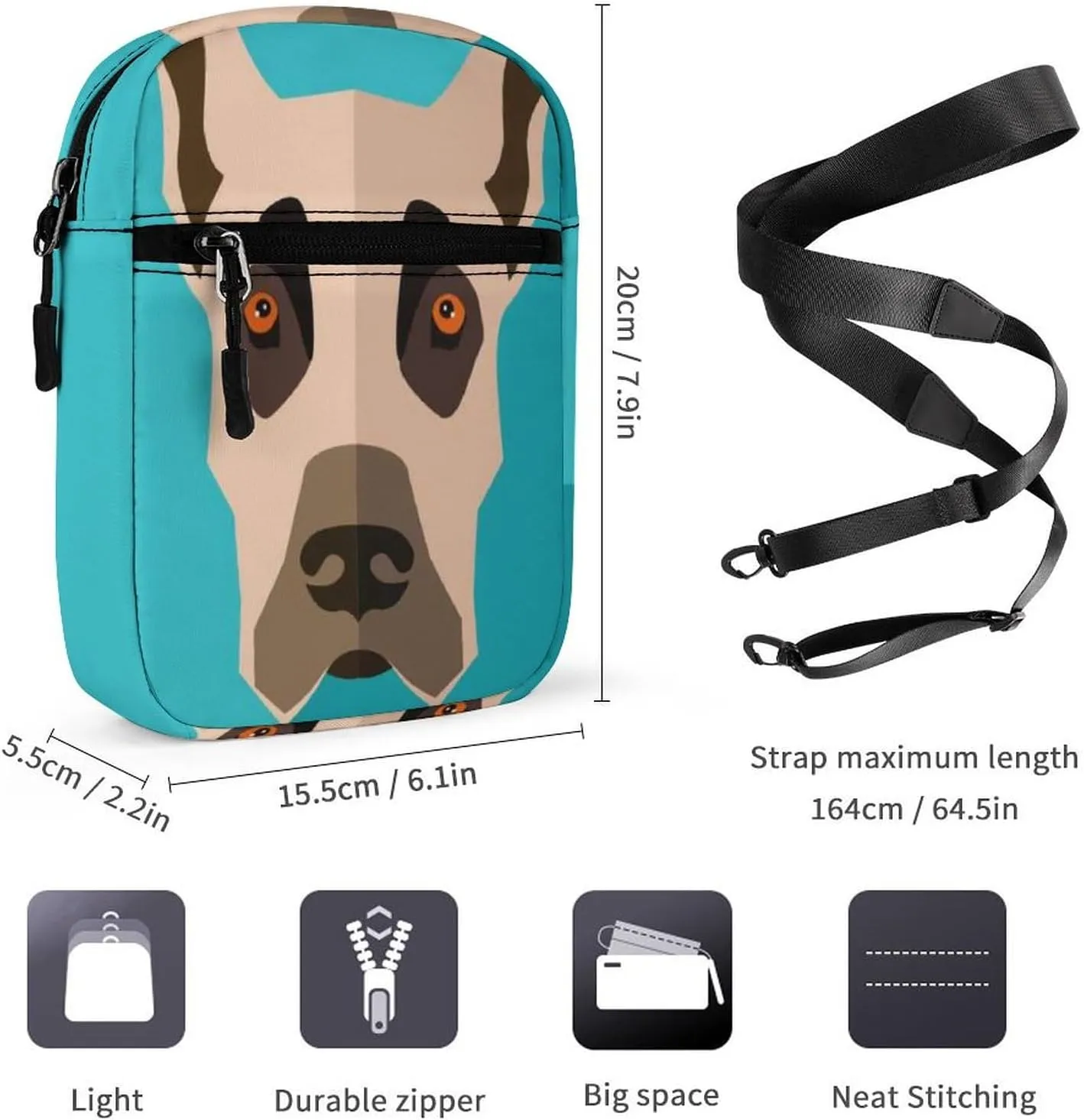 Great Dane Dog On Turquoise Adjustable Fanny Waist Pack Pouch, Waterproof Crossbody Runners Bag Wallet for Gym Hiking Fitness Women Men 6.1 x 2.2 x 7.9 inch