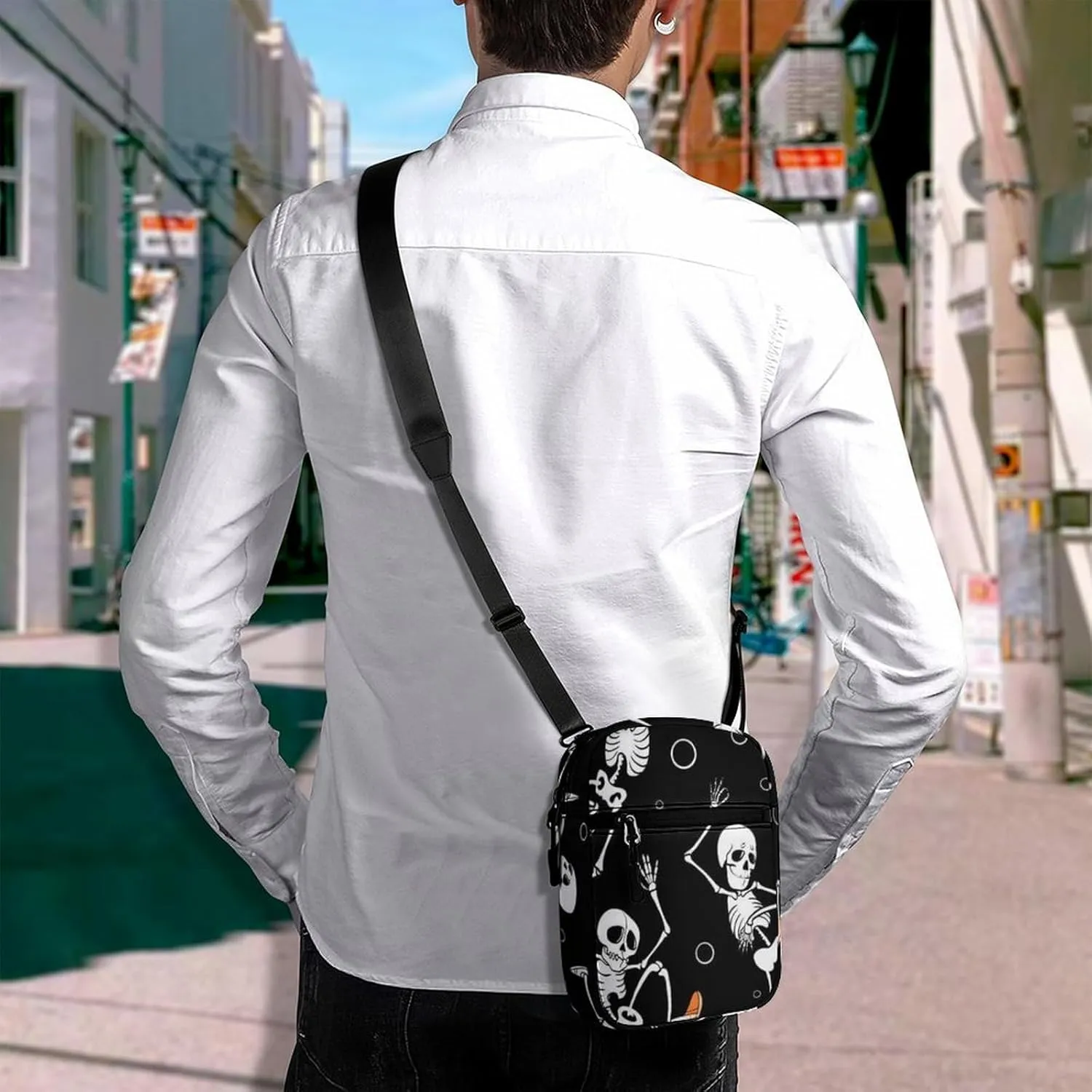 Human Skeletons Skateboarding Dance Dots Seamless On Black Adjustable Fanny Waist Pack Pouch, Waterproof Crossbody Runners Bag Wallet for Gym Hiking Fitness Women Men 6.1 x 2.2 x 7.9 inch