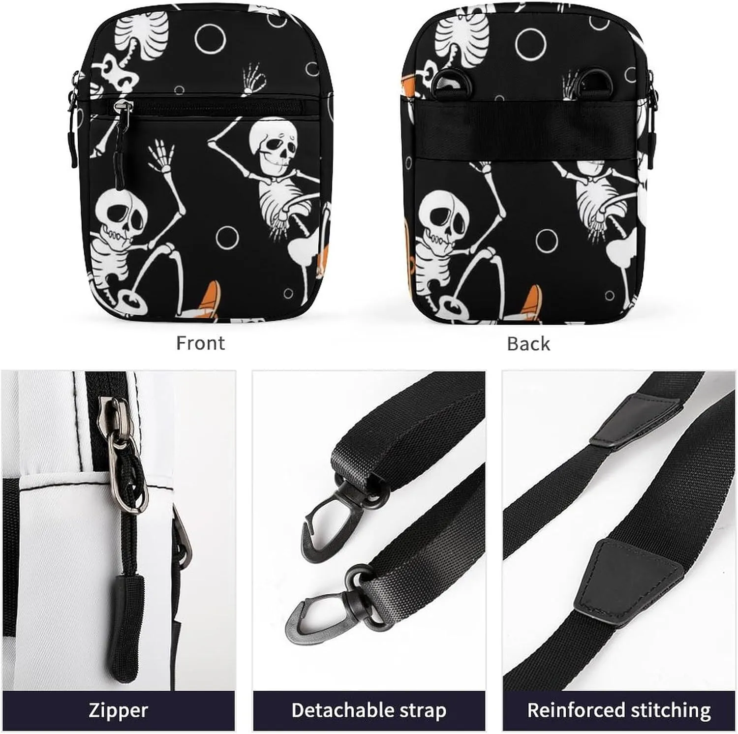 Human Skeletons Skateboarding Dance Dots Seamless On Black Adjustable Fanny Waist Pack Pouch, Waterproof Crossbody Runners Bag Wallet for Gym Hiking Fitness Women Men 6.1 x 2.2 x 7.9 inch