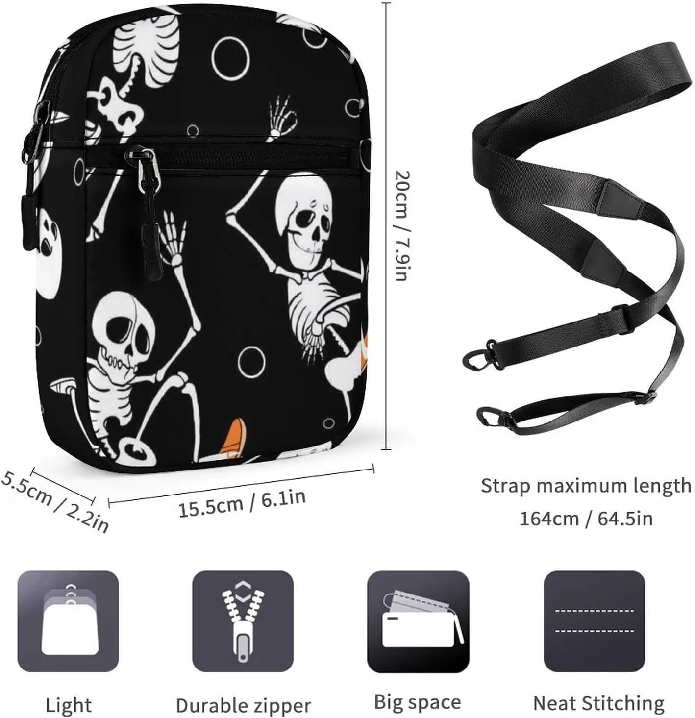Human Skeletons Skateboarding Dance Dots Seamless On Black Adjustable Fanny Waist Pack Pouch, Waterproof Crossbody Runners Bag Wallet for Gym Hiking Fitness Women Men 6.1 x 2.2 x 7.9 inch