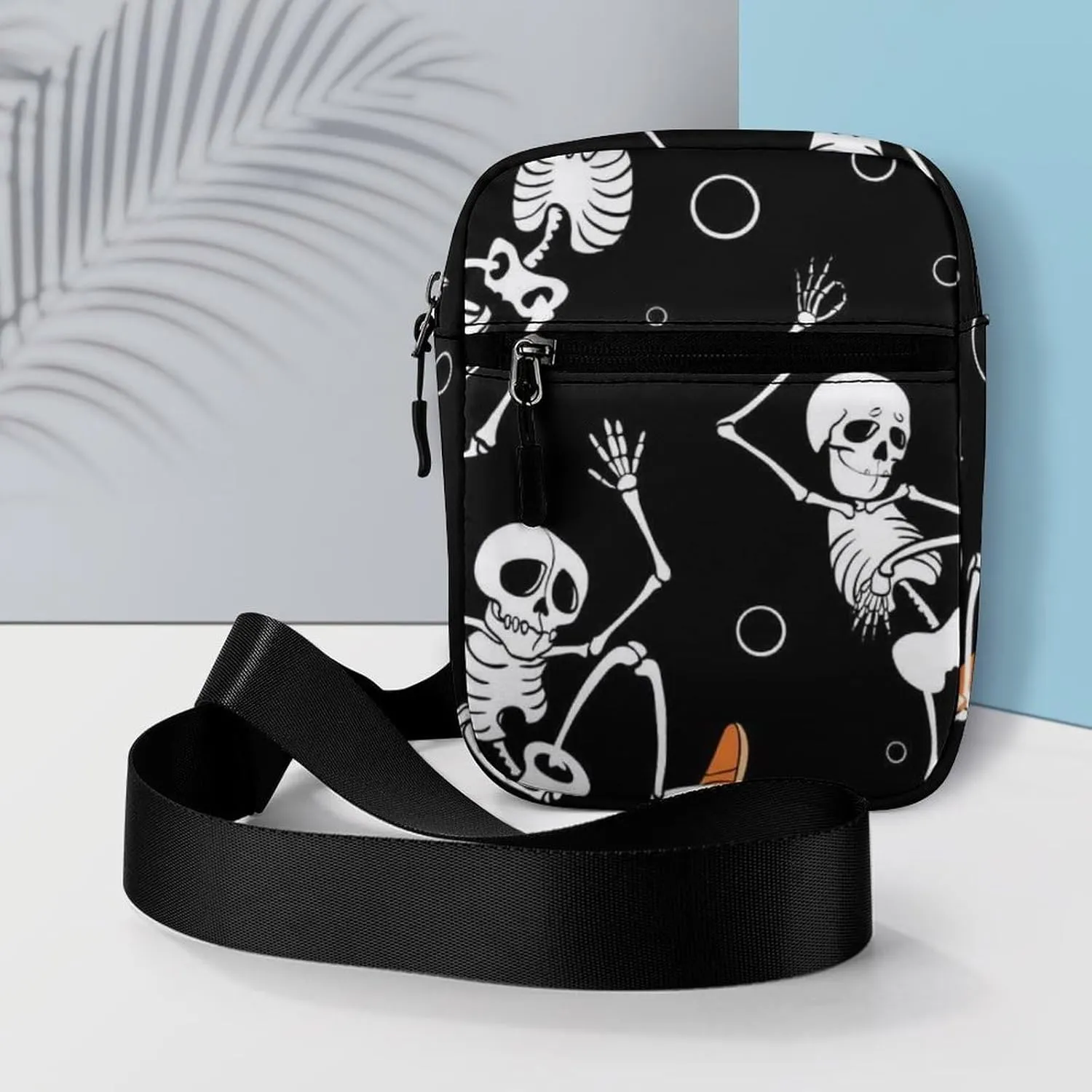 Human Skeletons Skateboarding Dance Dots Seamless On Black Adjustable Fanny Waist Pack Pouch, Waterproof Crossbody Runners Bag Wallet for Gym Hiking Fitness Women Men 6.1 x 2.2 x 7.9 inch