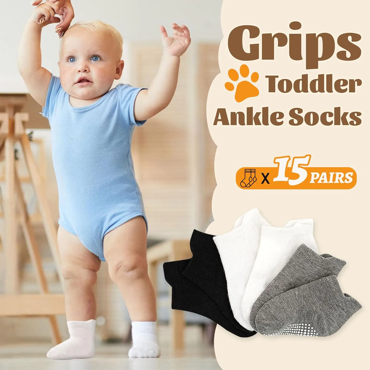 HYCLES 15 Pairs Toddler Socks, Kids Grip Socks for 6-12 Month 1-7 Years Non Slip Ankle Sock for Baby Boys Girls