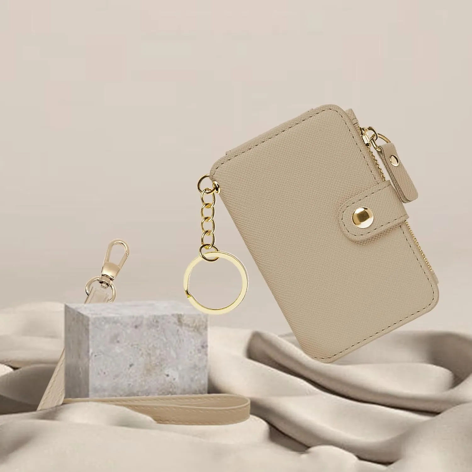 M-Plateau Wallet, Womens Wallet Leather Keychain Wallet With Zipper Coin Pocket ID Window Wrist Strap Gift Box (Khaki)