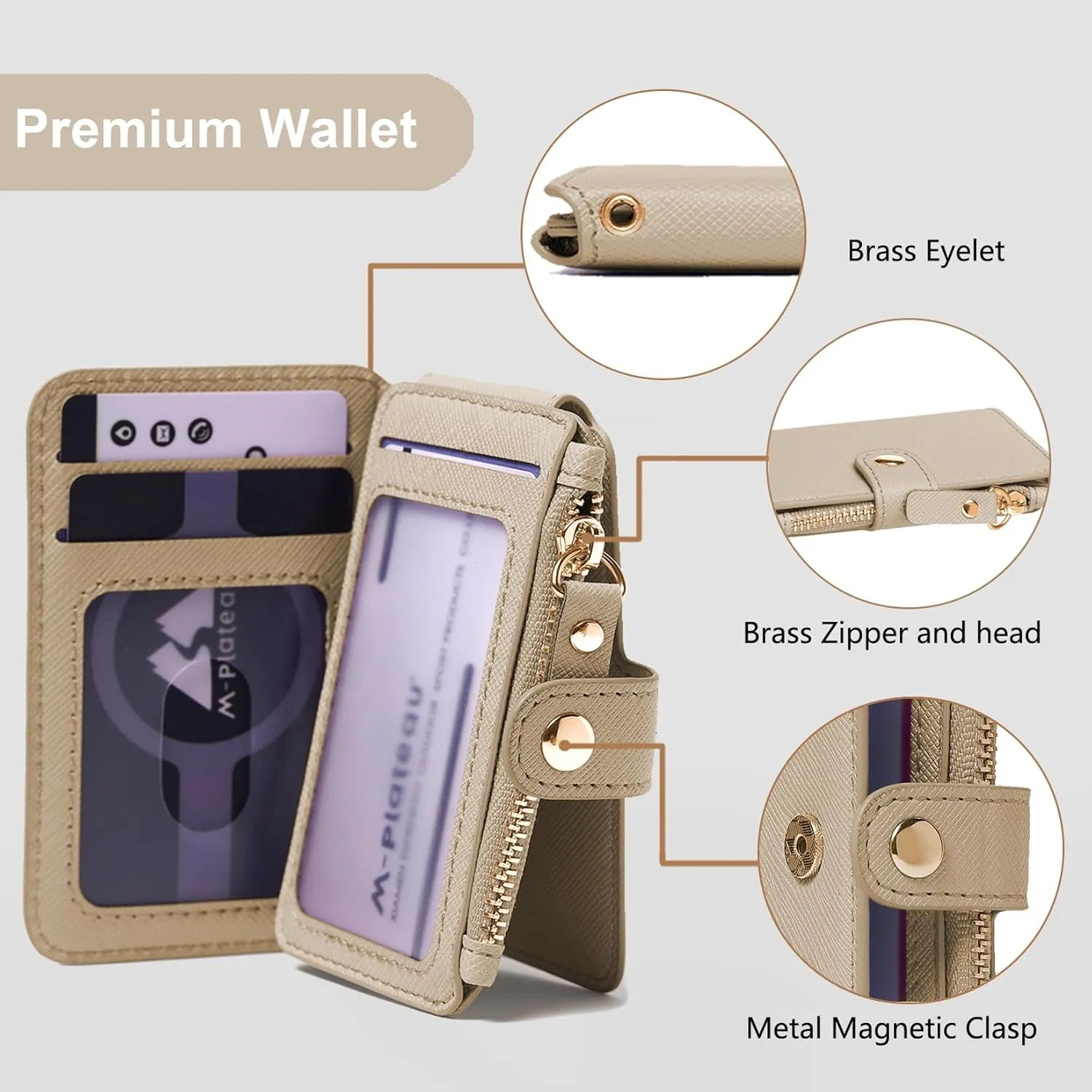 M-Plateau Wallet, Womens Wallet Leather Keychain Wallet With Zipper Coin Pocket ID Window Wrist Strap Gift Box (Khaki)