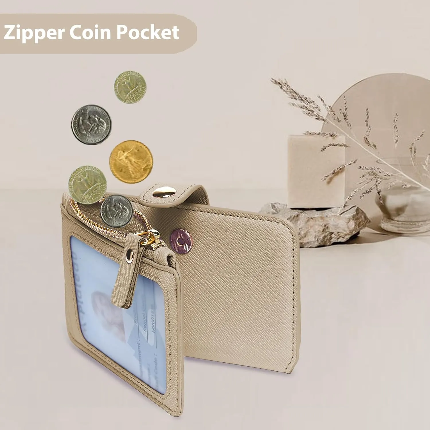 M-Plateau Wallet, Womens Wallet Leather Keychain Wallet With Zipper Coin Pocket ID Window Wrist Strap Gift Box (Khaki)