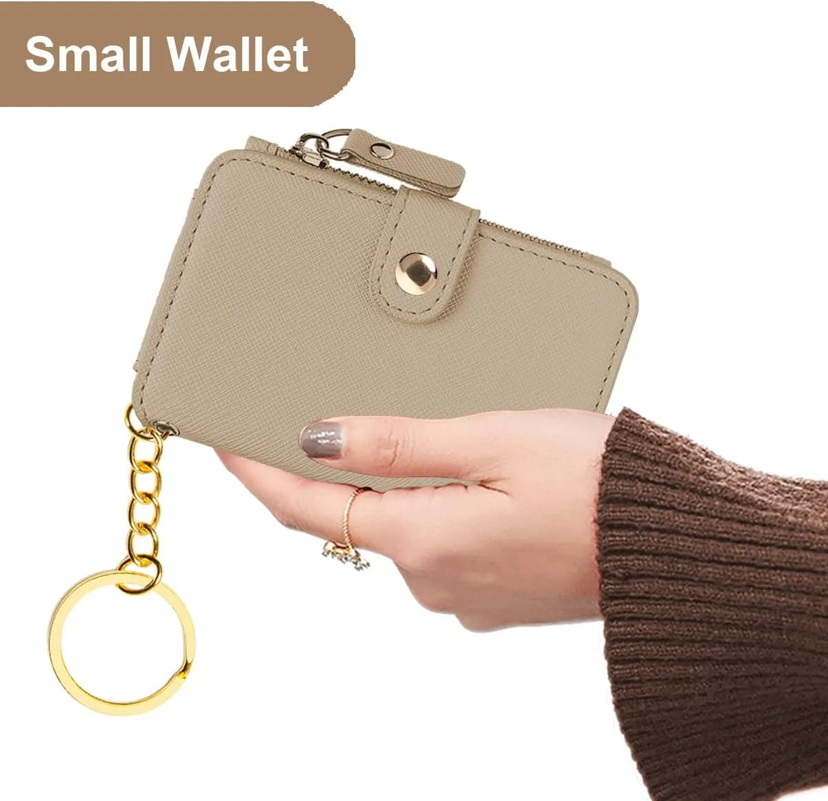 M-Plateau Wallet, Womens Wallet Leather Keychain Wallet With Zipper Coin Pocket ID Window Wrist Strap Gift Box (Khaki)