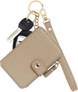 M-Plateau Wallet, Womens Wallet Leather Keychain Wallet With Zipper Coin Pocket ID Window Wrist Strap Gift Box (Khaki)