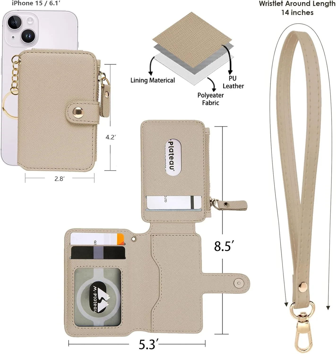 M-Plateau Wallet, Womens Wallet Leather Keychain Wallet With Zipper Coin Pocket ID Window Wrist Strap Gift Box (Khaki)