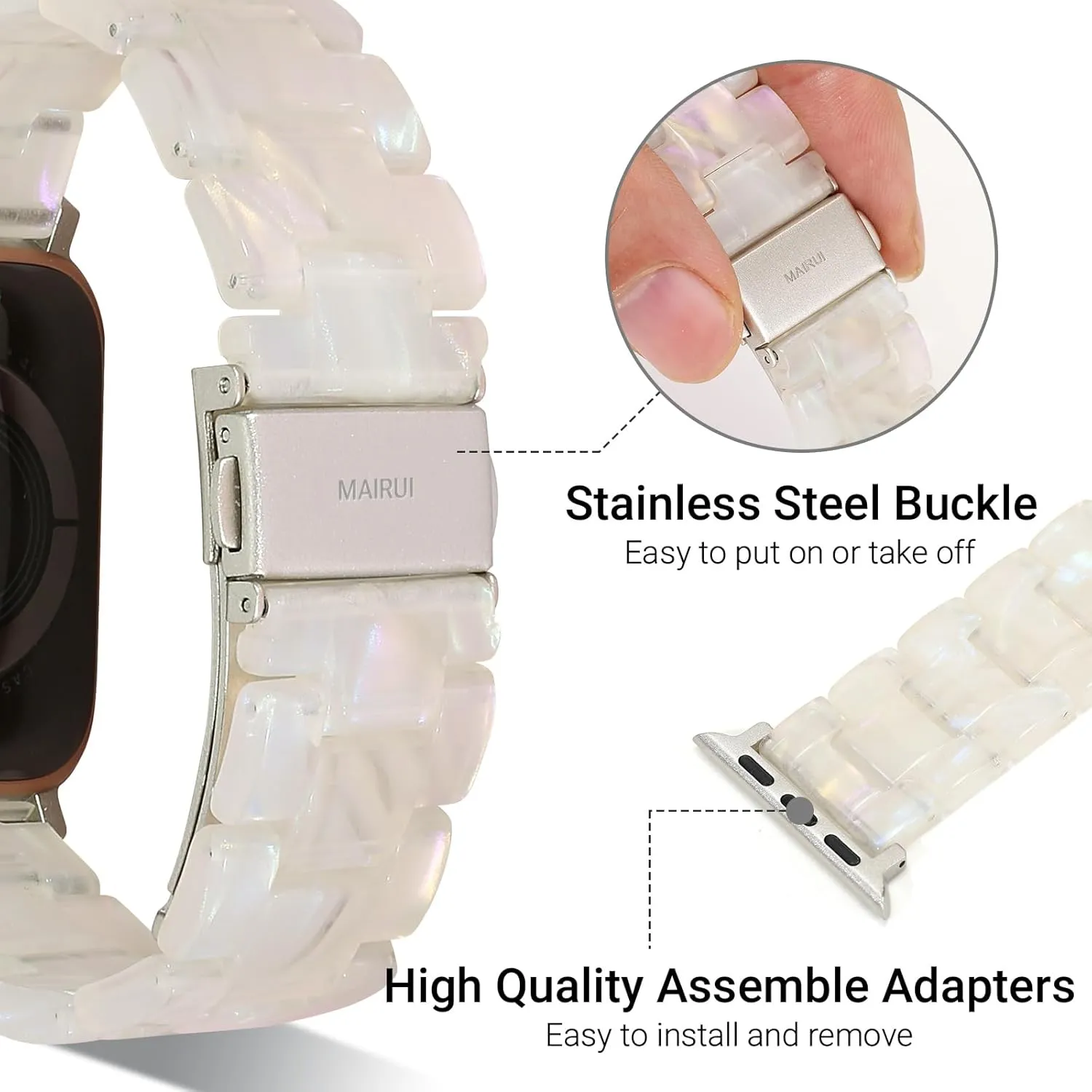 MAIRUI Resin Watch Band Compatible with Apple Watch for Women Men 41mm/40mm/38mm Series 9/8/7/6 SE Slim Bands Strap Bracelet Wristband for iWatch 5/4/3/2/1/Ultra/Ultra 2(Colorful Shell White-2)