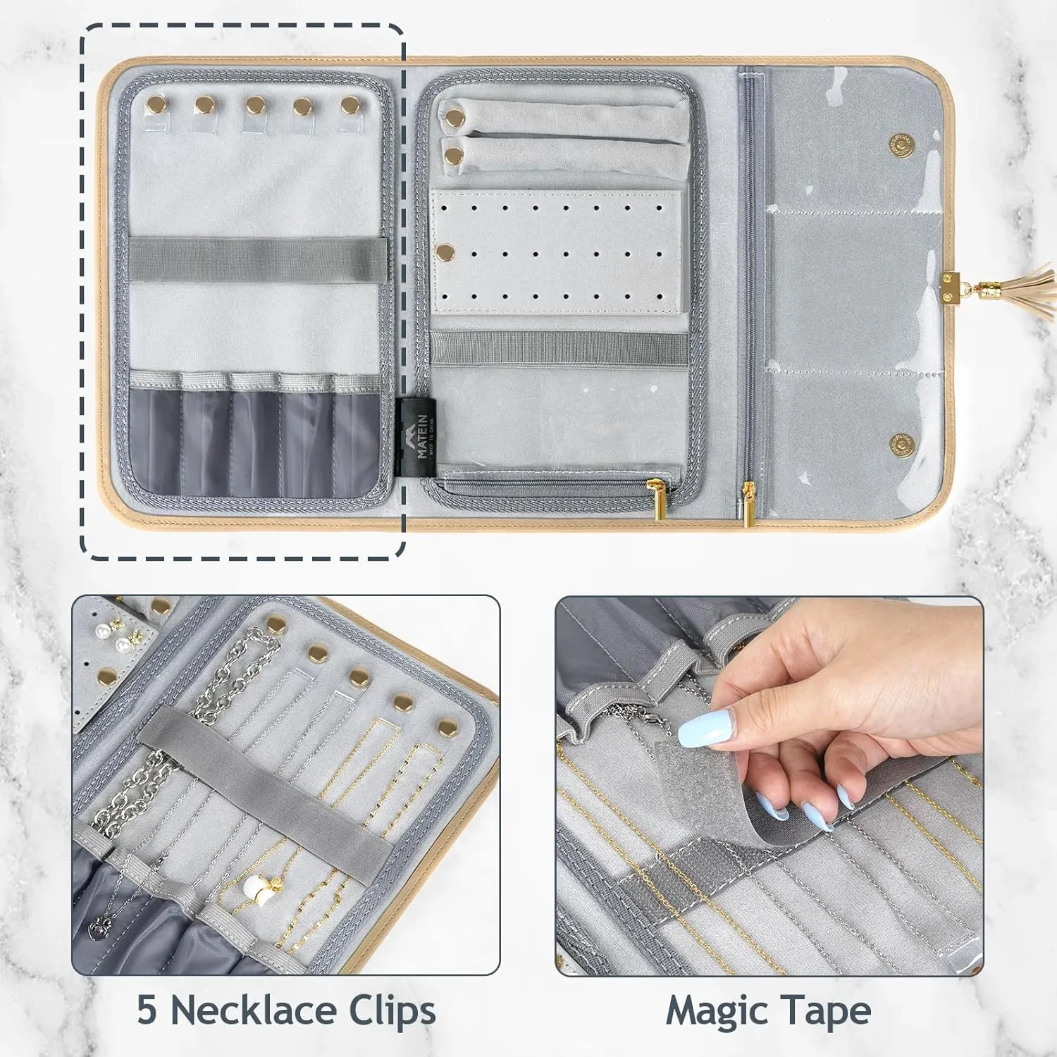 MATEIN Large Jewelry Organizer Travel, Portable Jewelry Case for Travelling, Tangle Free Necklace Storage Roll Bag for Earring Ring Bracelet, Travel Gifts for Women, Brown