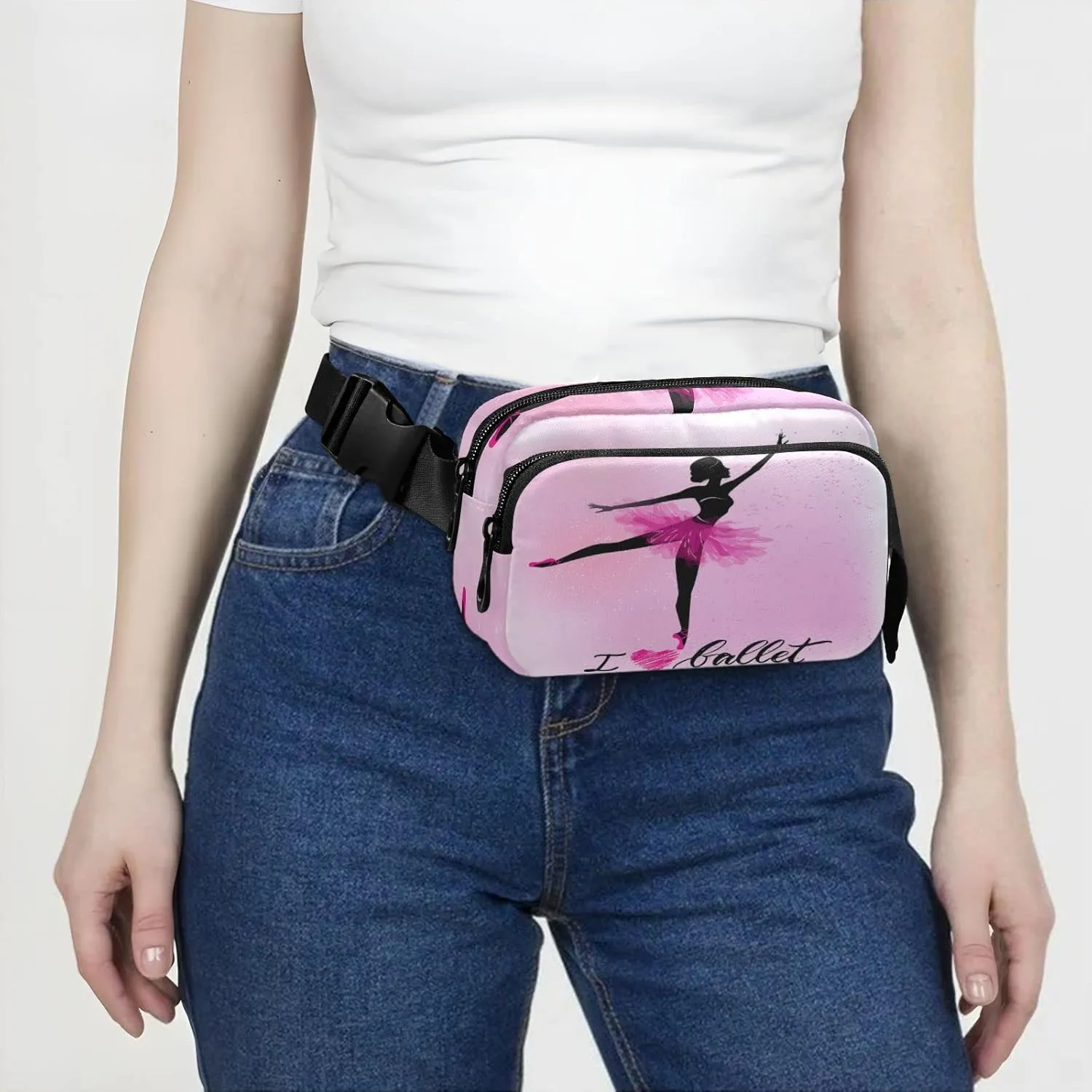 Oyihfvs Ballerina Dance Pink Adjustable Fanny Waist Pack Pouch, Waterproof Runners Sports Waist Pack Wallet for Sports Hiking Fitness Cycling Gym Women Men