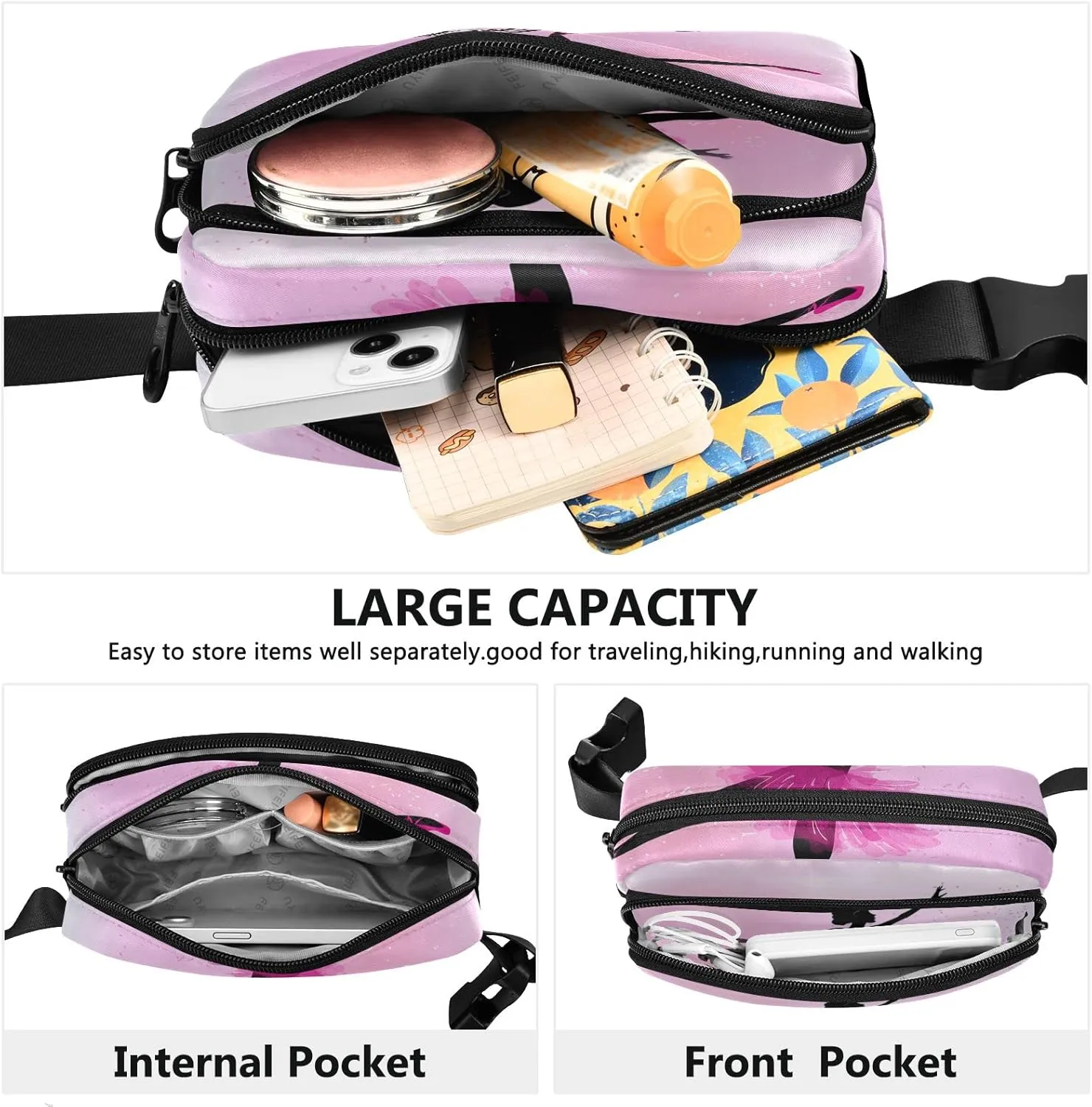 Oyihfvs Ballerina Dance Pink Adjustable Fanny Waist Pack Pouch, Waterproof Runners Sports Waist Pack Wallet for Sports Hiking Fitness Cycling Gym Women Men
