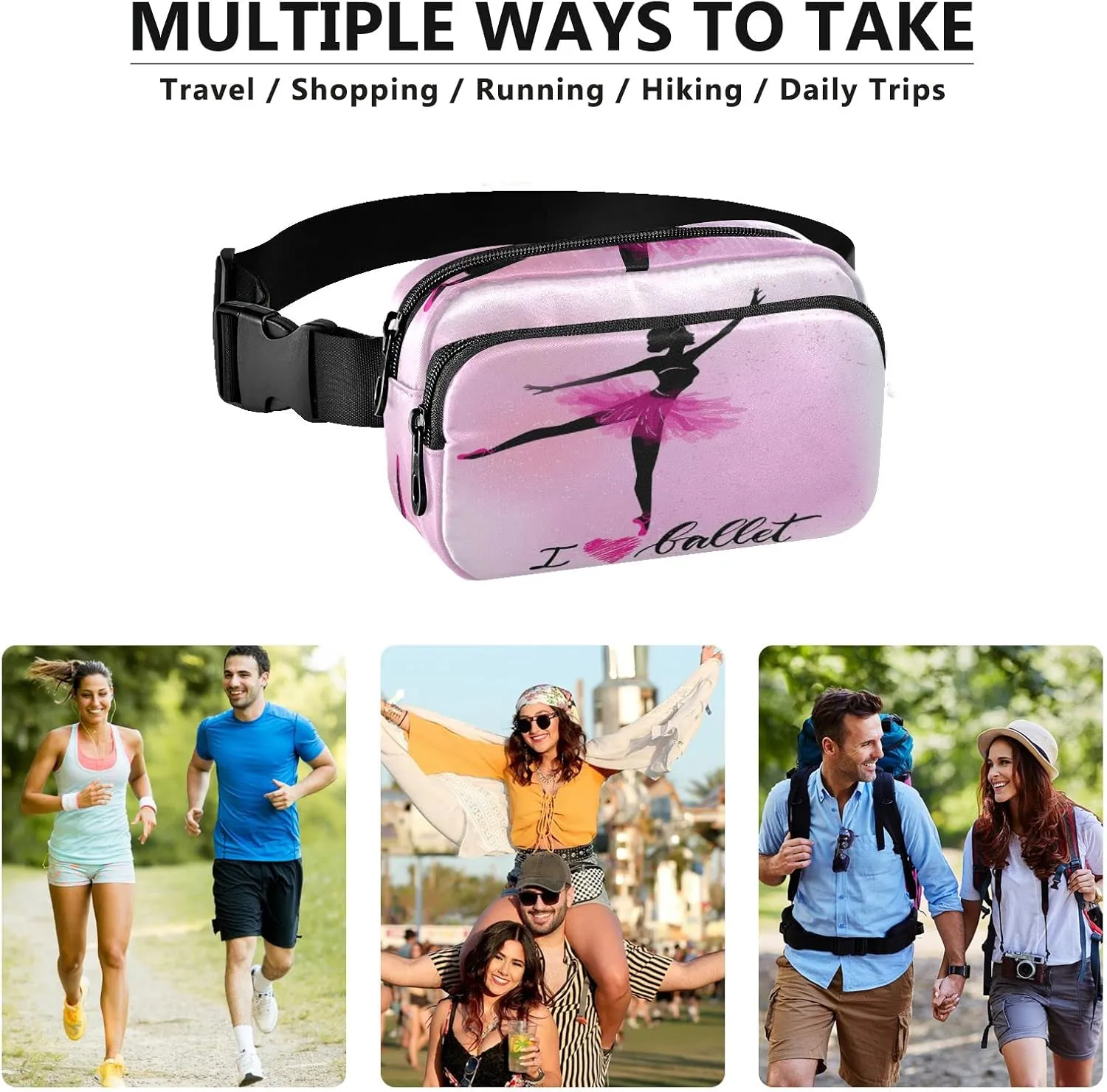 Oyihfvs Ballerina Dance Pink Adjustable Fanny Waist Pack Pouch, Waterproof Runners Sports Waist Pack Wallet for Sports Hiking Fitness Cycling Gym Women Men