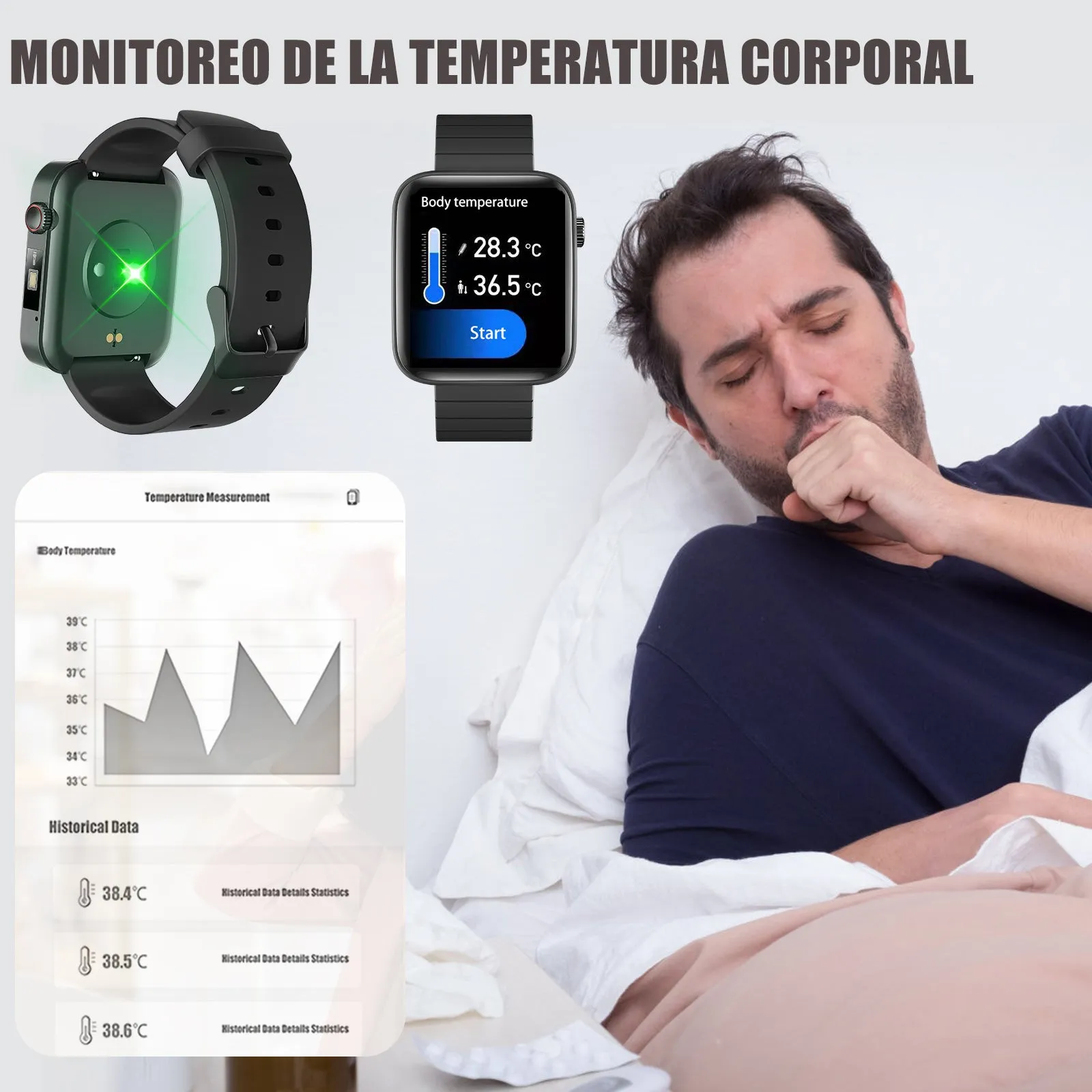 Sports Smart Watch for Men with Blood Oxygen Temperature 1.69'' inch Screen Bluetooth Call Multiple Sports Modes with Flashlight LED