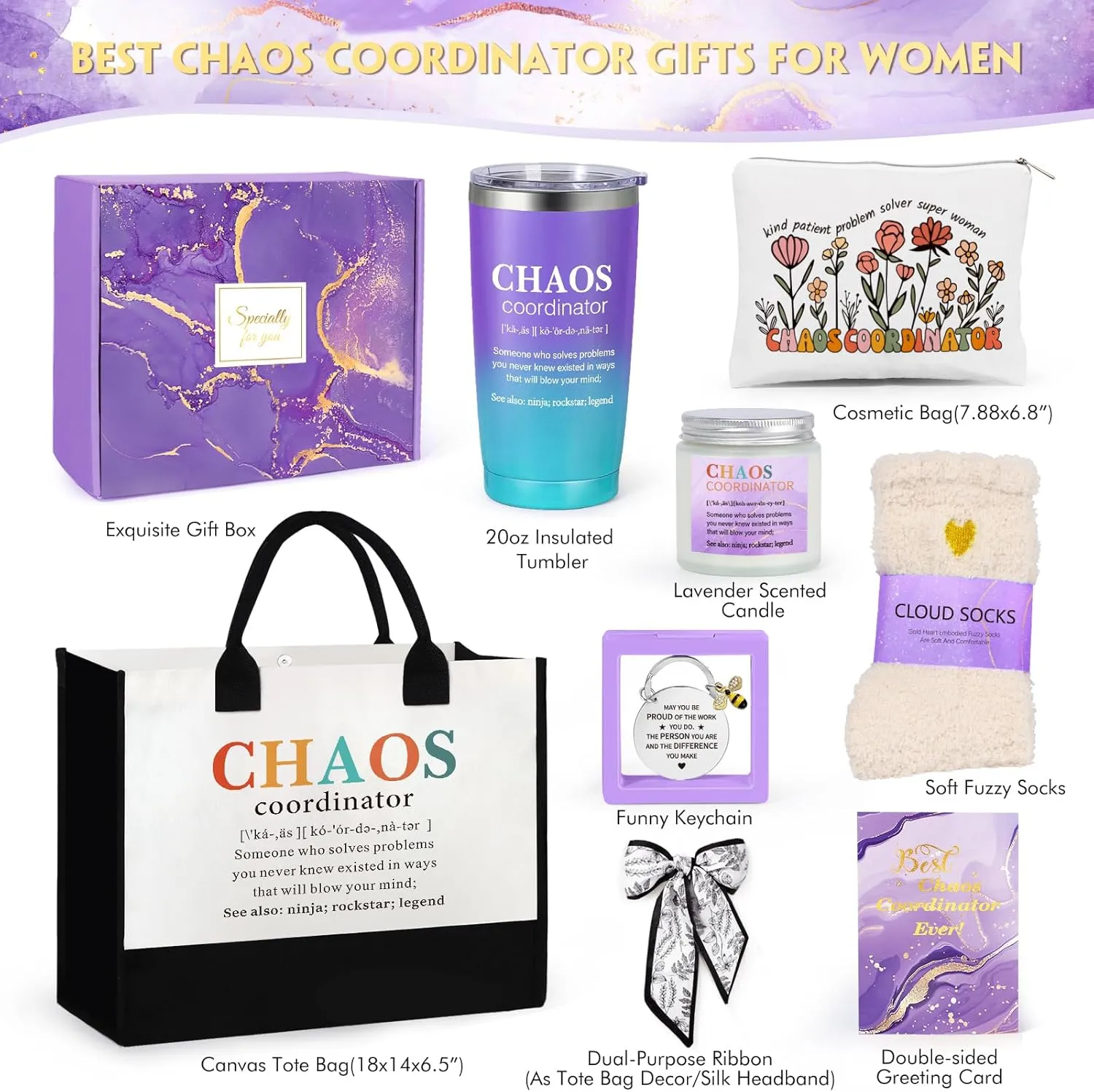 Thank You Gifts for Women, 8 Pcs Chaos Coordinator Gifts with Canvas Tote Bag, Christmas Gifts for Women Boss Coworker Manager Office Teacher Nurse, Funny Boss Gifts for Women Birthday Gifts