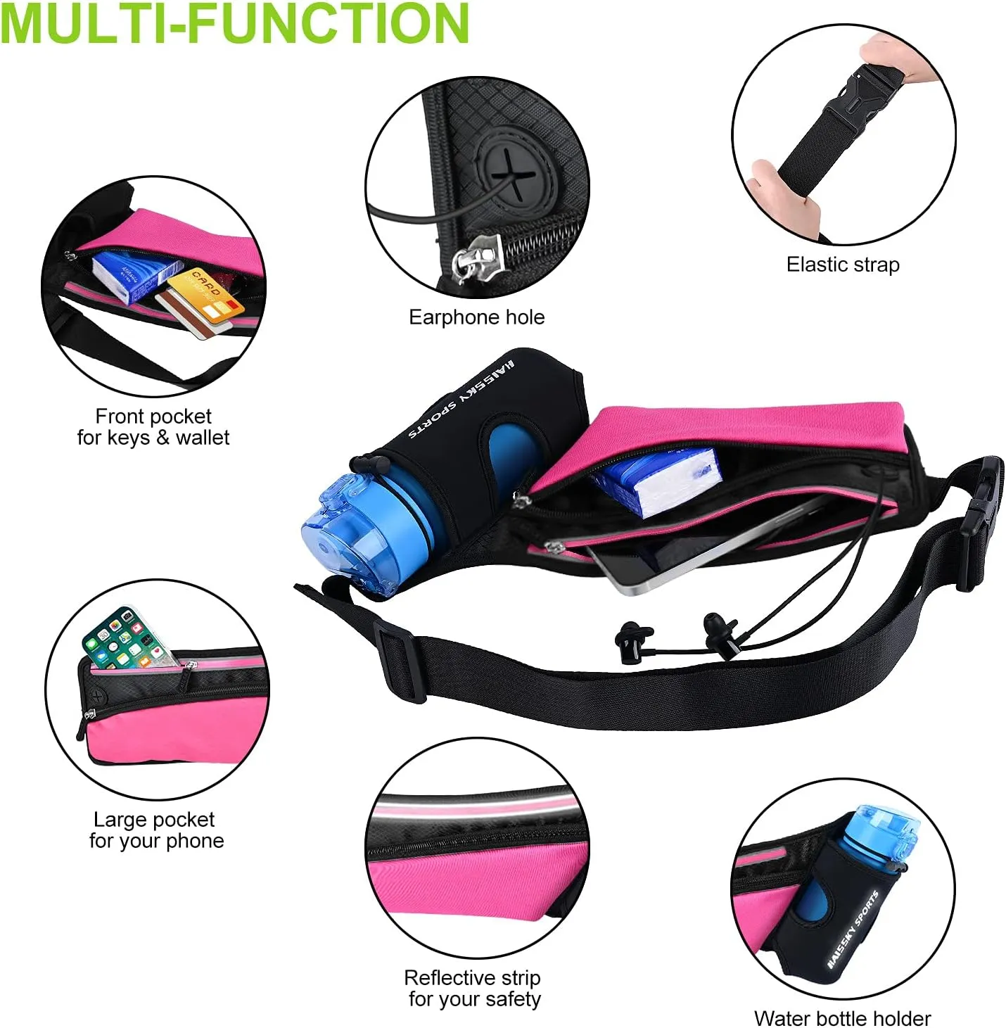 Waist Pack Sports Running Belt Pouch Bag with Water Bottle Holder and 2 Zipped Pockets for iPhone, Samsung or Smartphones hydration packs for Man Women Workout Outdoors Climbing Cycling