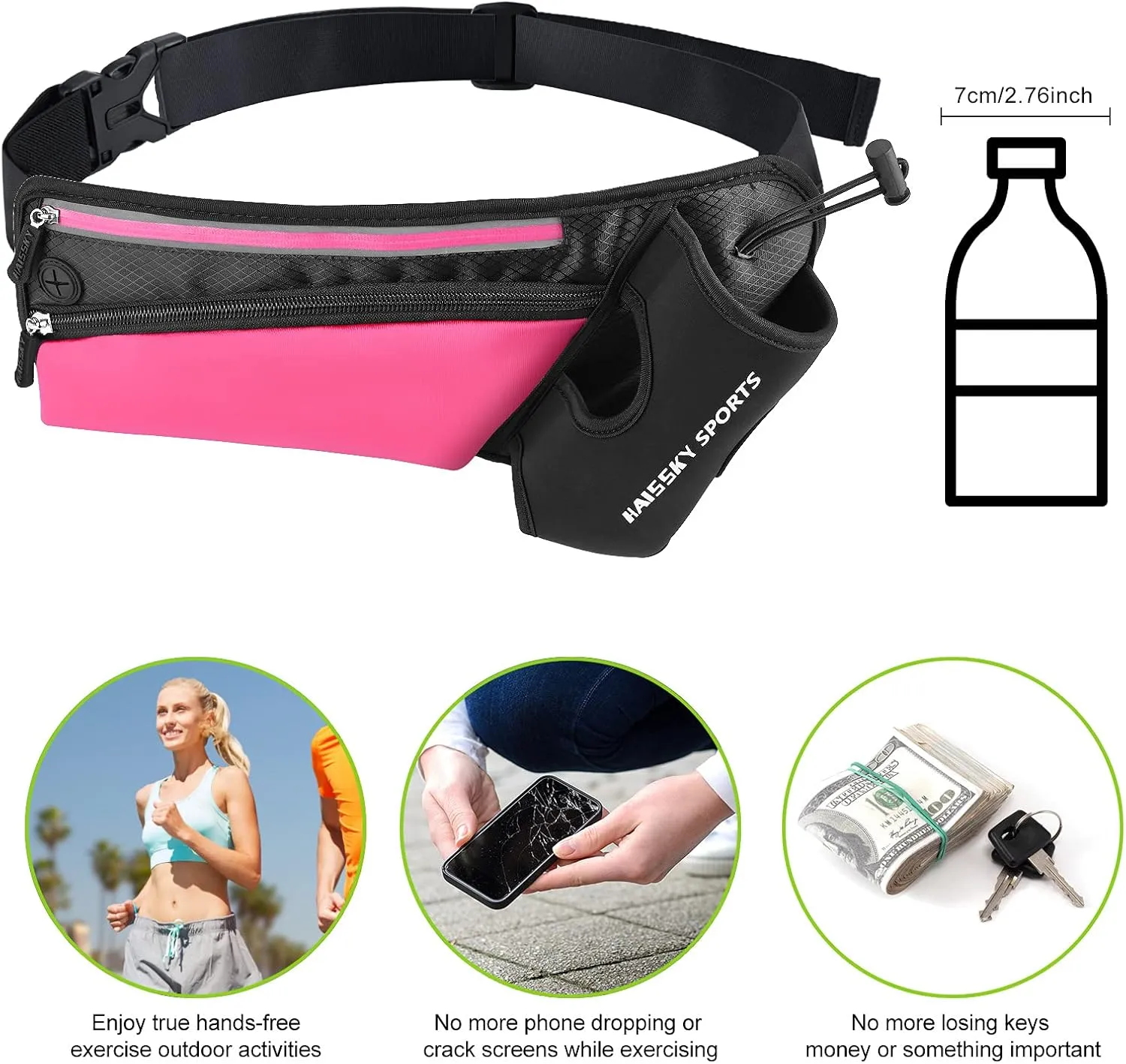 Waist Pack Sports Running Belt Pouch Bag with Water Bottle Holder and 2 Zipped Pockets for iPhone, Samsung or Smartphones hydration packs for Man Women Workout Outdoors Climbing Cycling