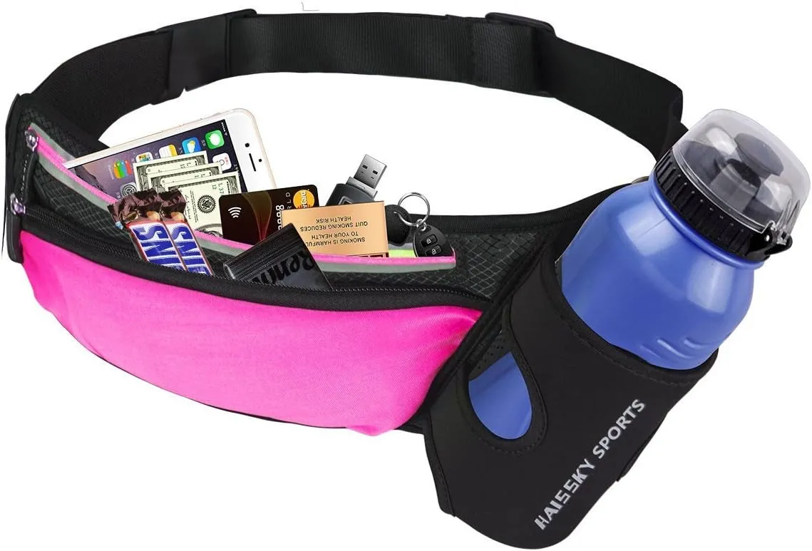 Waist Pack Sports Running Belt Pouch Bag with Water Bottle Holder and 2 Zipped Pockets for iPhone, Samsung or Smartphones hydration packs for Man Women Workout Outdoors Climbing Cycling