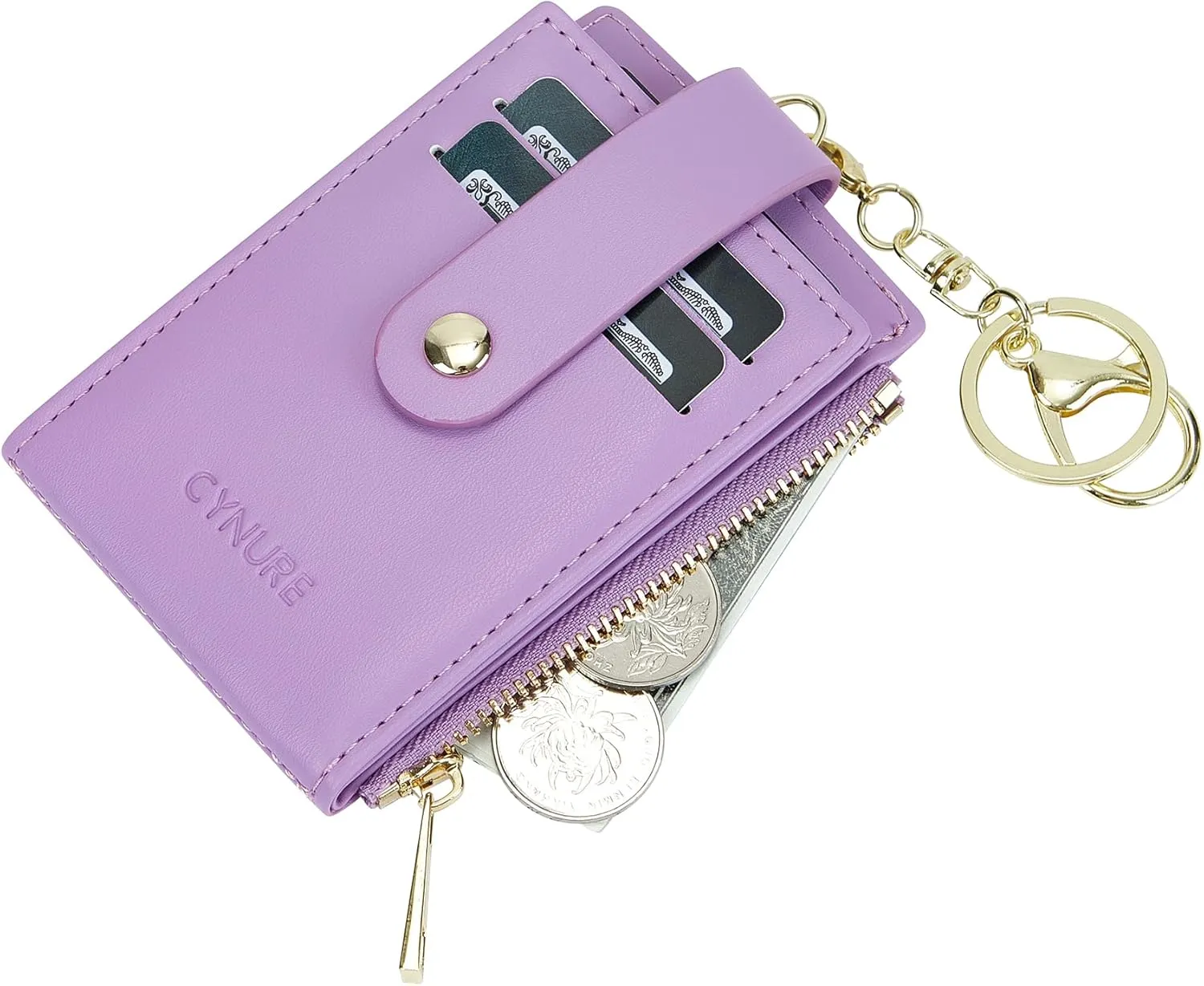 Women & Men Leather RFID Blocking Card Holder Slim Small Zipper Keychain Front Pocket Wallet with 2 ID Window,