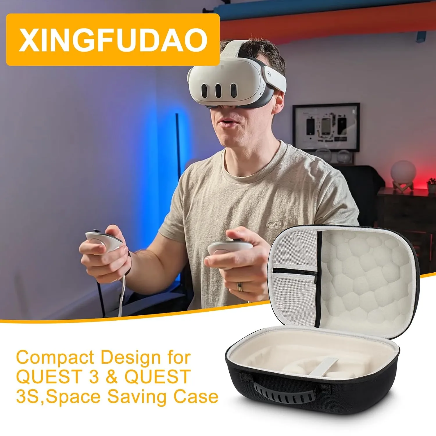 XINGFUDAO Hard Case Compatible with Meta Quest 3S / Quest 3 VR Headset & Gaming Controller,Waterproof Shockproof Portable Bag with Mesh Pocket for Accessories
